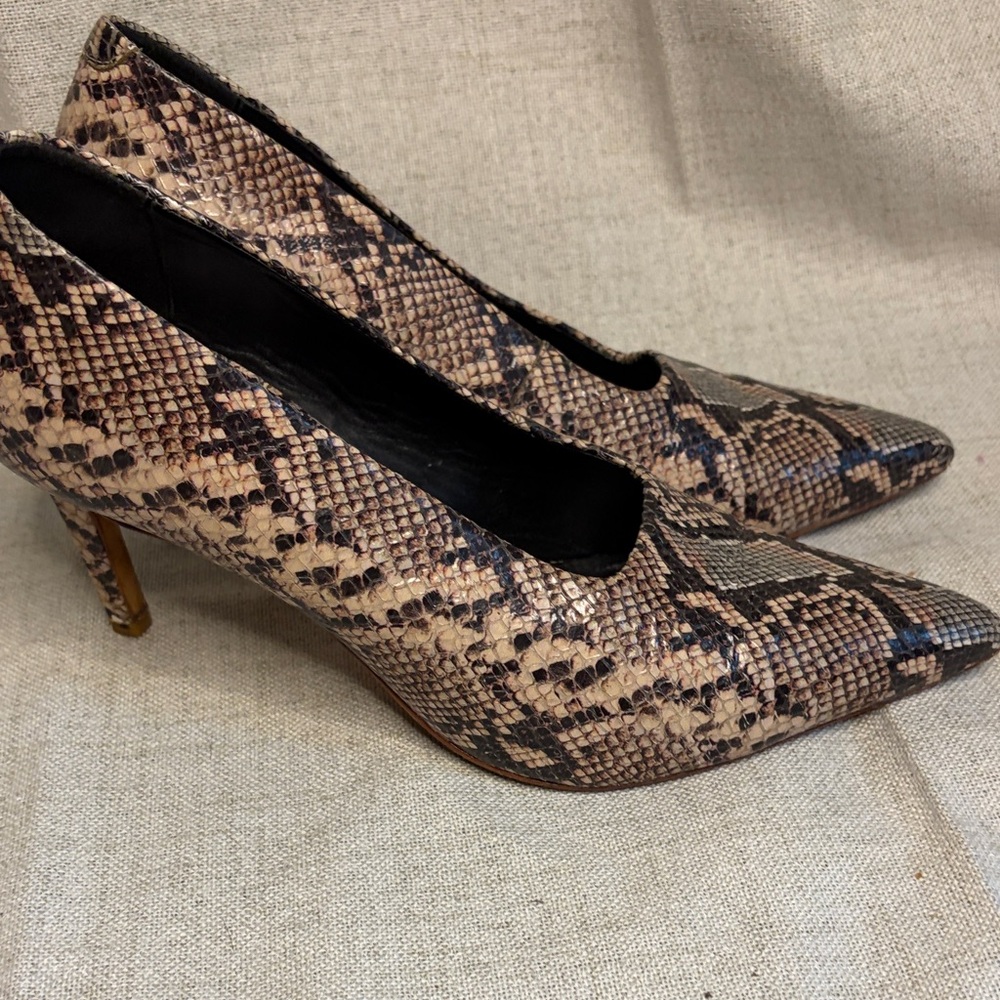 Pointed-Toe Snake-Print Heels in Beige and Brown